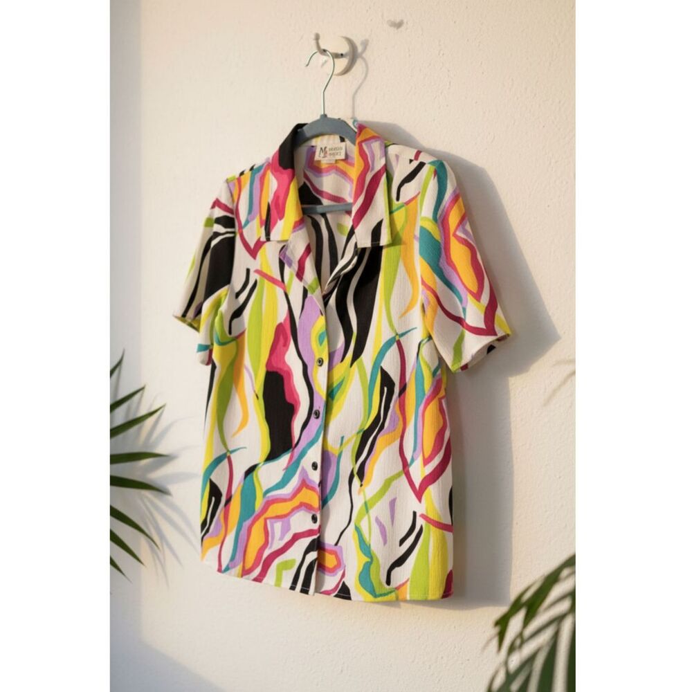 Maggie Sweet 90s Vintage Pink Green Teal Artsy Abstract Button Down Blouse Sz M
